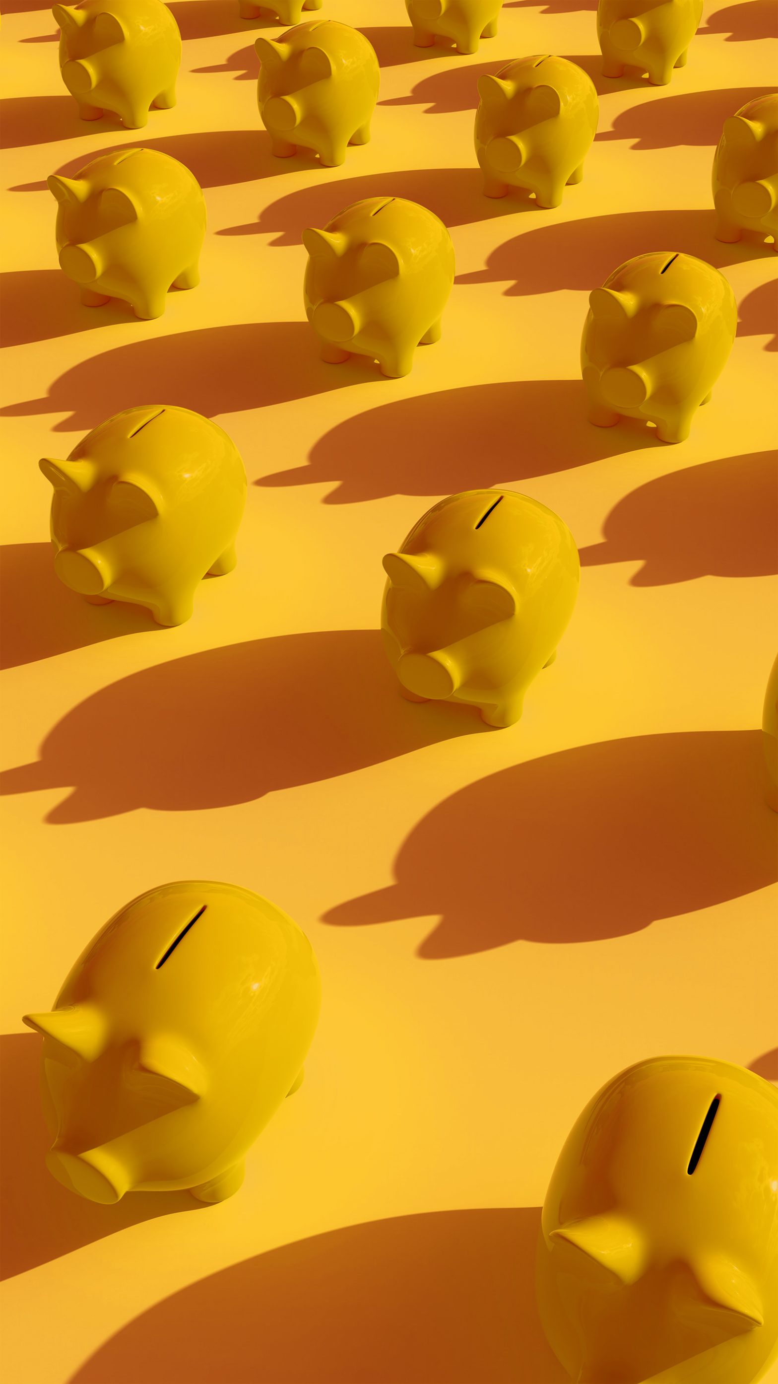 Rows of bright yellow piggy banks.