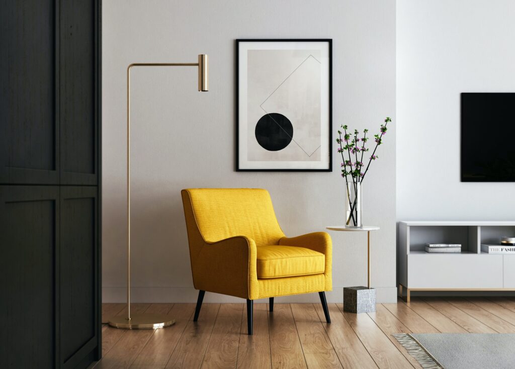 Modern living room with leather yellow armchair.