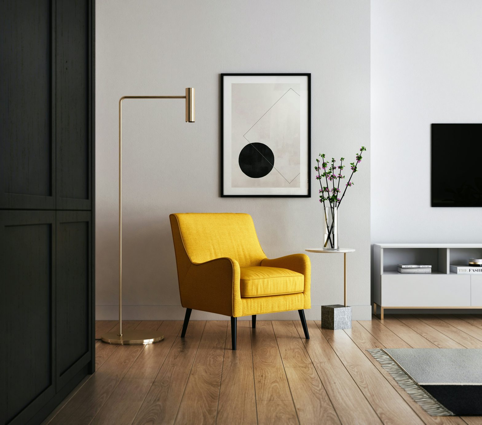 Stylish yellow padded chair with wooden frame in a modern, minimalistic living room